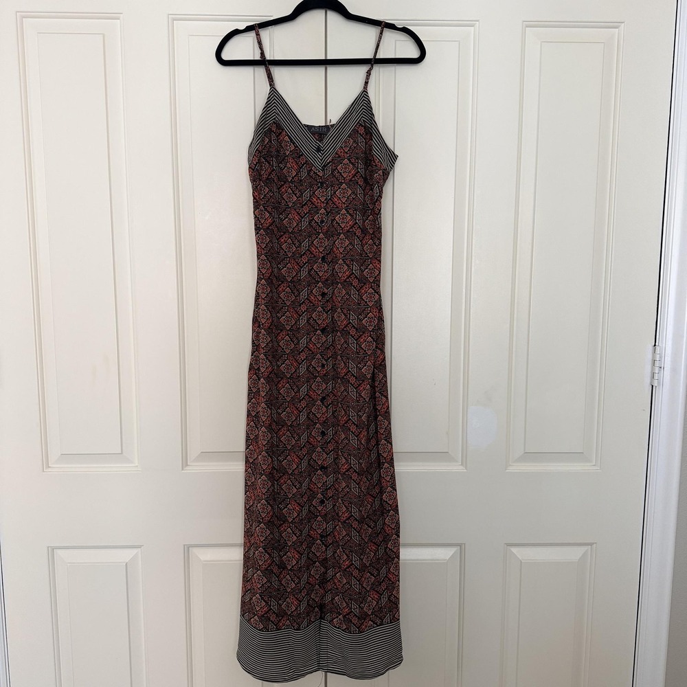 ASTR Dress Womens Small Orange Geometric Maxi Button Strappy Sundress Boho Beach